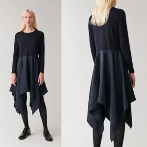 COS Handkerchief Asymmetric Hem Dress Black Wool Knit Top Lyocell Small